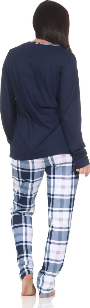 Normann Damen Schlafanzug mit karierter Pyjama-Hose aus Jersey - auch in Übergröße ; marine , 40