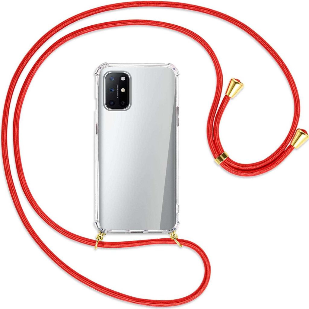 Handykette Backcover-Schutzhülle mit Band (Metall goldfarben) für OnePlus 8T - rot
