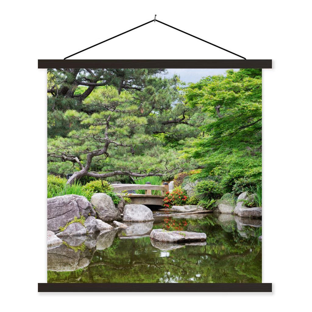 MuchoWow Textilposter Japanisch - Natur - Wasser - Steine - Bäume 90x90 cm mit schwarzem Rahmen - Magnetisches