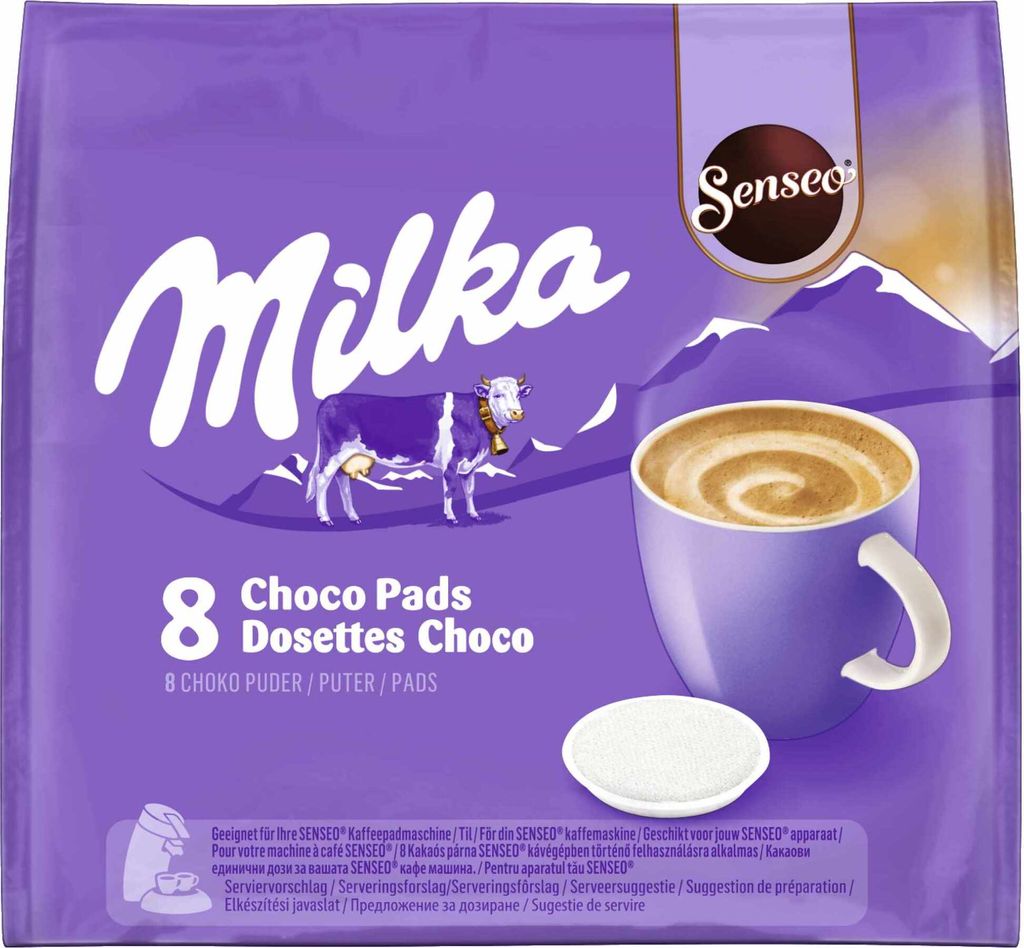 A package of Milka Choco Pads for Senseo coffee machines.