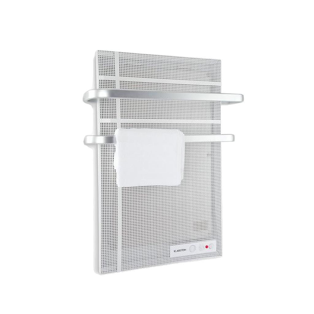 A white infrared heater with silver towel rails and a white towel hanging on it, set against a white background.