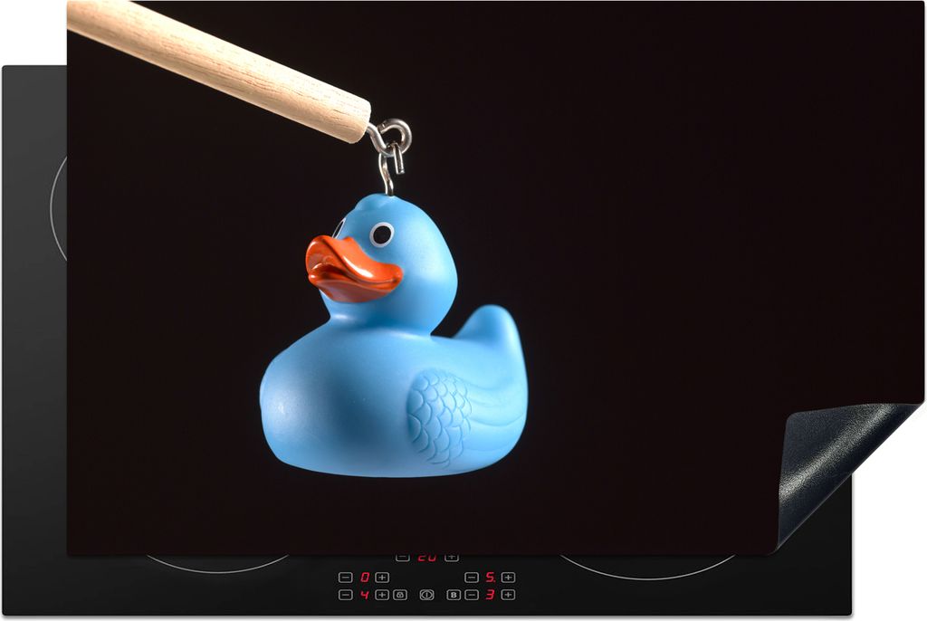 KitchenYeah Herdabdeckplatte Blaue Bade-Ente auf schwarzem Hintergrund , 80x52cm, Küche Deko, Glaskeramikkochfeld Herdabdeckung, Abdeckplatte f...