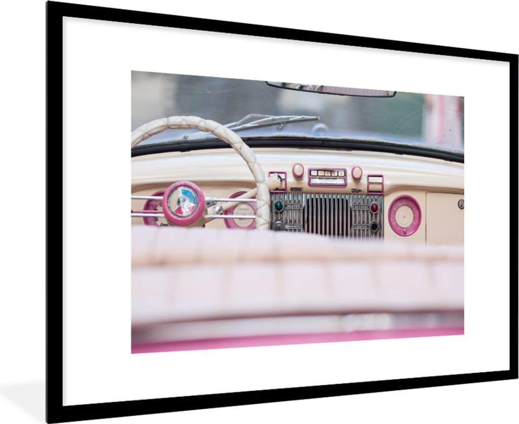 MuchoWow MuchoWow Gerahmtes Poster Auto - Retro - Rosa 90x60 cm - Poster mit zchwarzem Bilderrahmen - Wanddekoration - Fotos