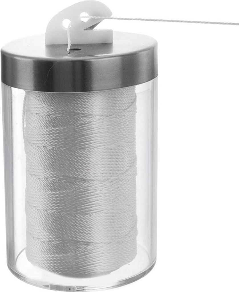 A spool of white kitchen twine in a clear plastic container with a silver lid and a white cutting mechanism.