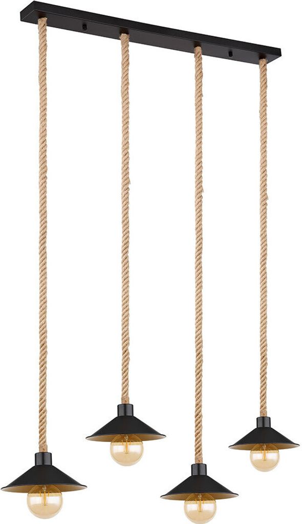 Pendelleuchte, Hanfseil, schwarz, gold,4-flammig, H 170 cm