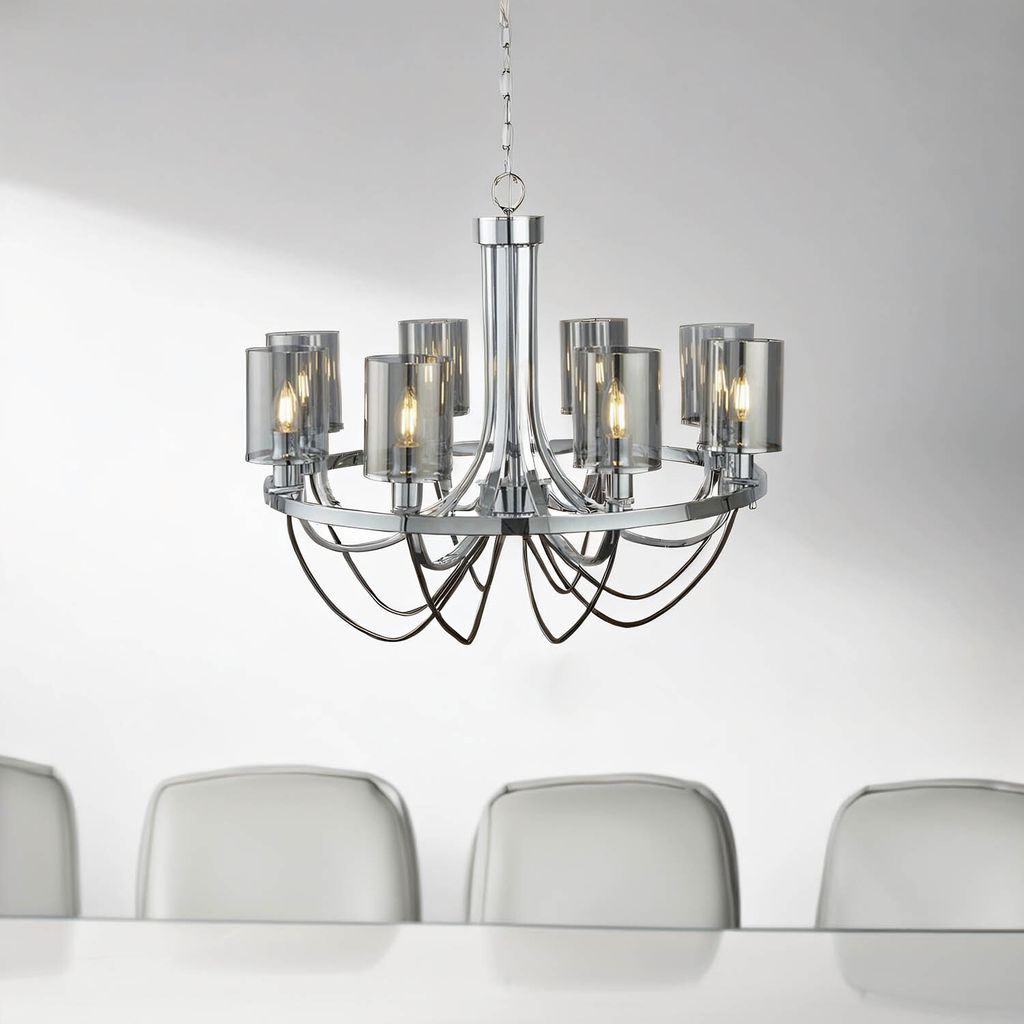 Kronleuchter Metall Rauchglas B: 70 cm H: max. 124 cm Chrom Rauchgrau E14 Modern Lüster Hängeleuchte