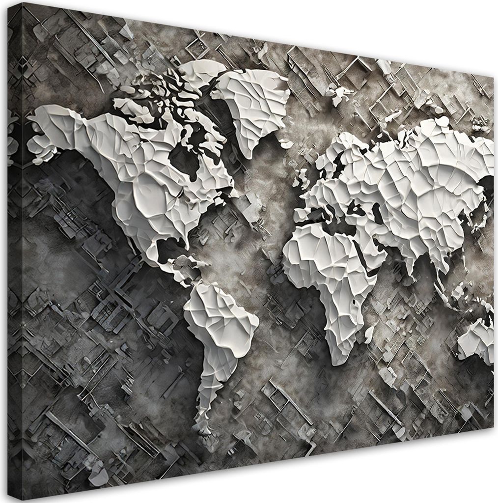 Leinwandbild Grau 3D-Weltkarte 100x70 Feeby Grau bild für die wand bereit zum aufhängen