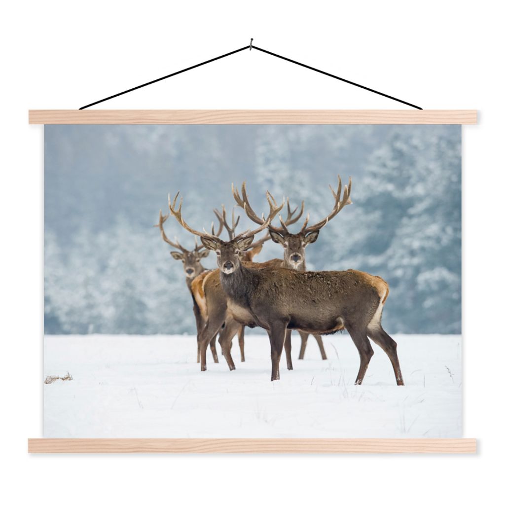 MuchoWow Textilposter Hirsche - Tiere - Schnee - Winter - Landschaft - Natur 60x45 cm mit holzfarbenen Rahmen - Bild