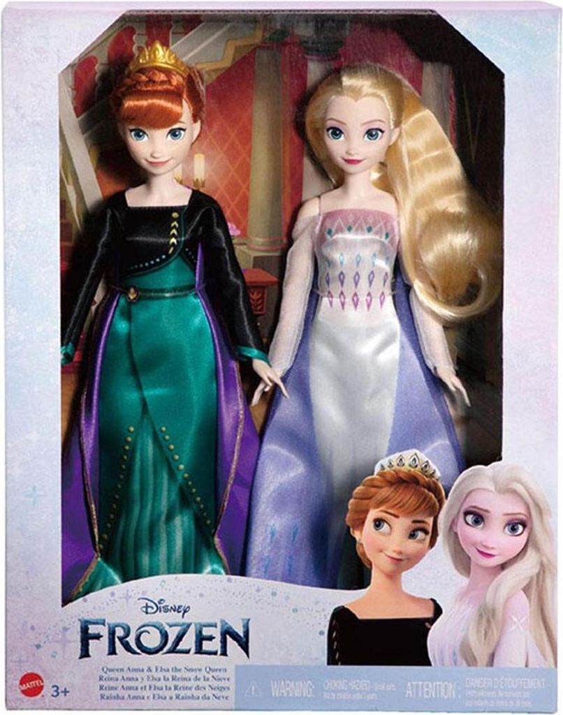 Product packaging for a set of Disney Frozen dolls, featuring Anna and Elsa.