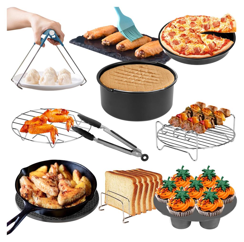 TolleTour 12 Stück Heißluftfritteuse Zubehör Set für Fritteusen mit Silikonpfanne Grillrost Spieße 7 Zoll