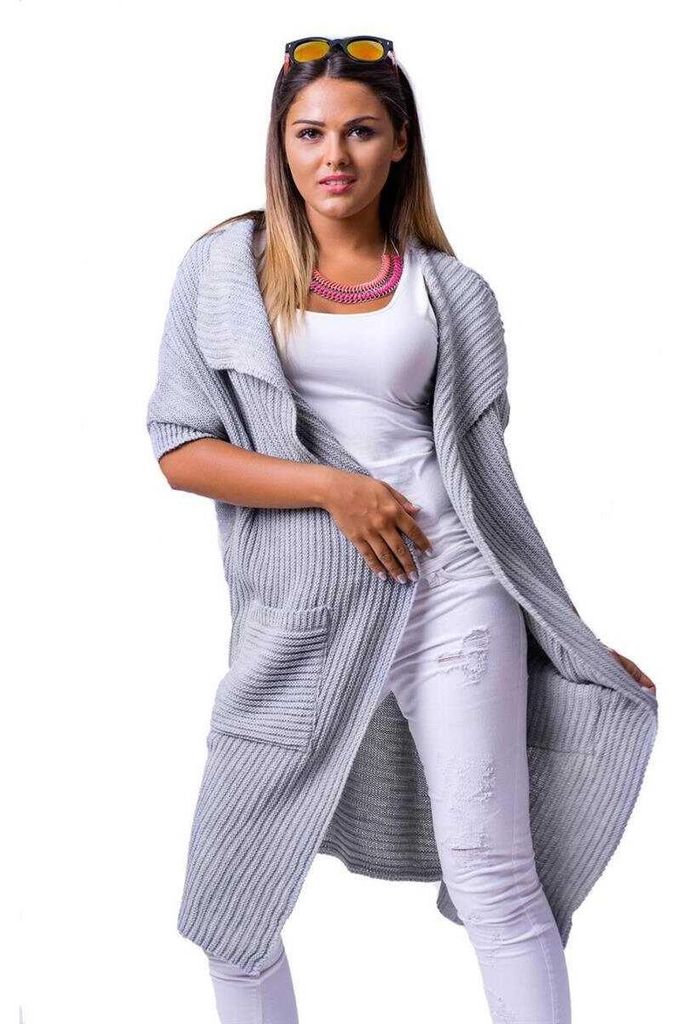 Damen Strickjacke Cardigan mit Bindegürtel; Grau/M/L Produktbild 