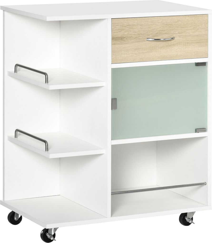 HOMCOM Küchenwagen, Hilfswagen mit 1 Schublade, Glastür und offenen Regalen, Hilfswagen mit Rollen für Esszimmer, Wohnzimmer, Badezimmer, 65 x 3...