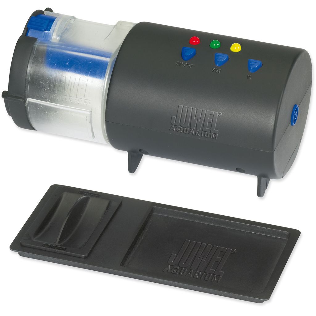 A Juwel automatic fish feeder and its base.
