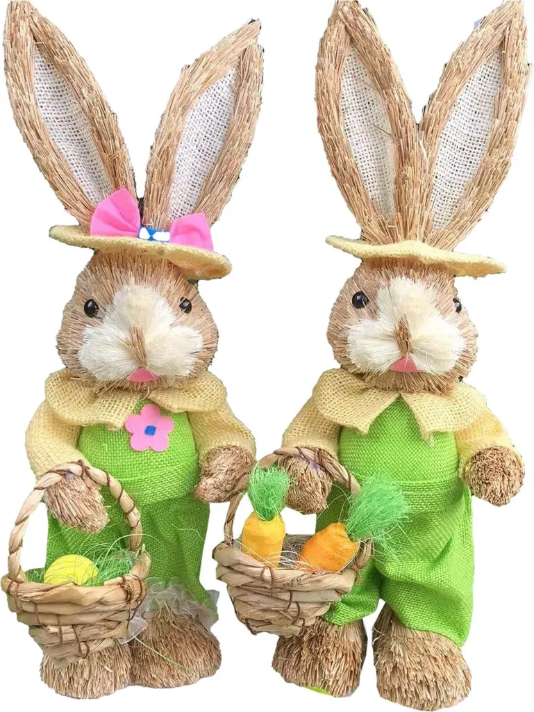 Couple de lapins en paille 35cm : l'atout charme pour vos vitrines rétro