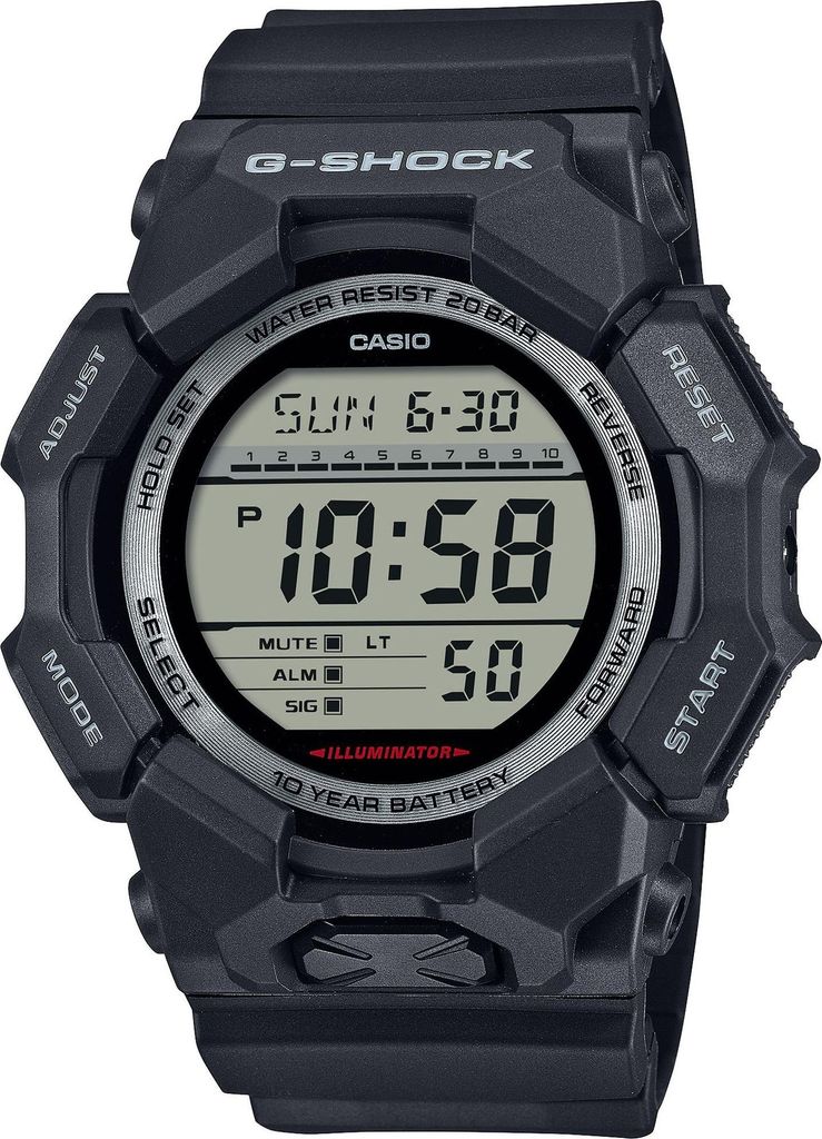 A black Casio G-Shock digital watch is shown against a white background.