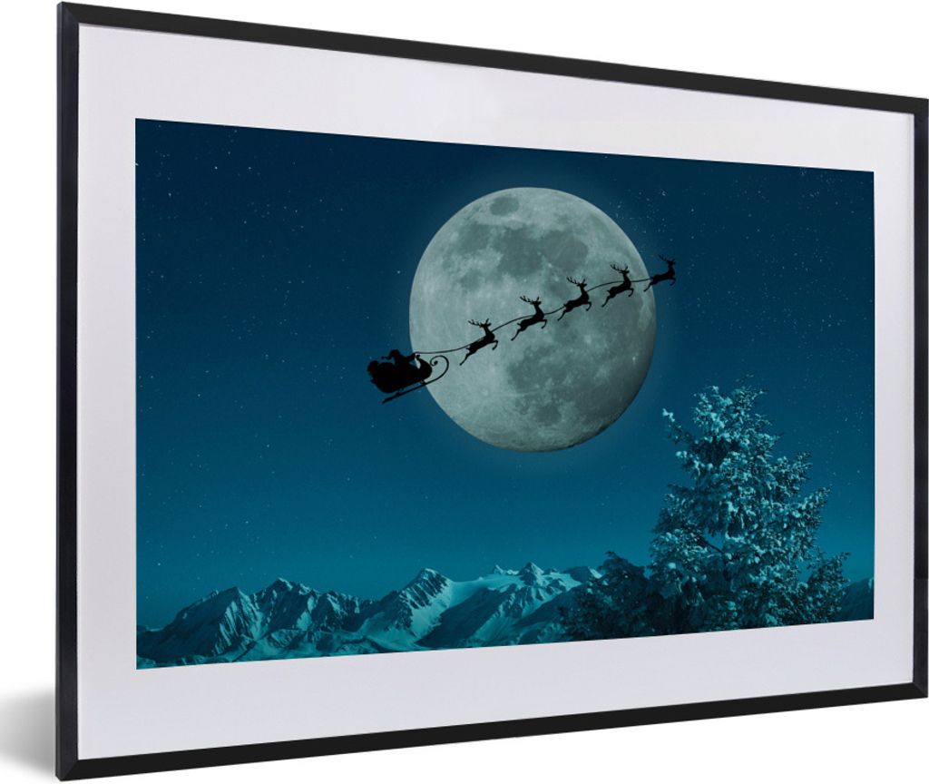 MuchoWow Gerahmtes Poster Rentier mit Weihnachtsmann in der Luft 60x40 cm - Poster mit Schwarzem Bilderrahmen Wandposter Rahmen Foto Bilder - Sch...