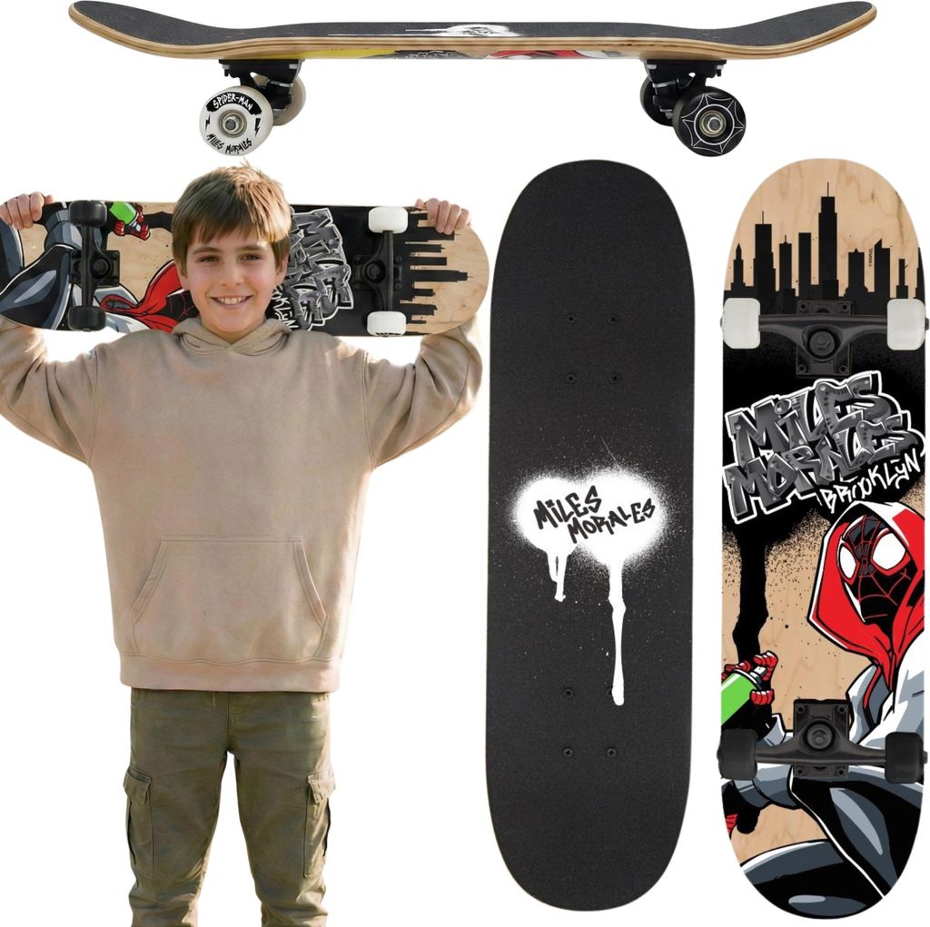Spider-Man Miles Morales Jugend-Holzskateboard, groß (79 cm), rutschfestes Deck, stabil bis 100 kg