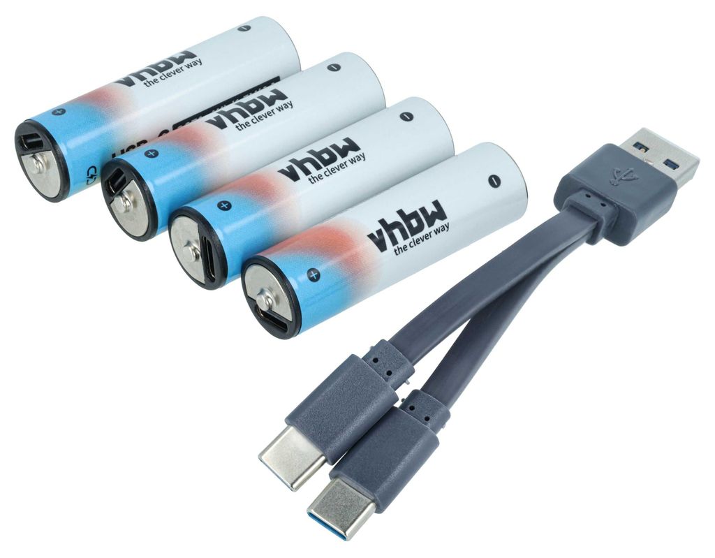 vhbw 4x AA Akkus mit USB C-Anschluss (2047 mAh, 1,5 V, Li-Ion) + USB-A / 2x USB-C Ladekabel