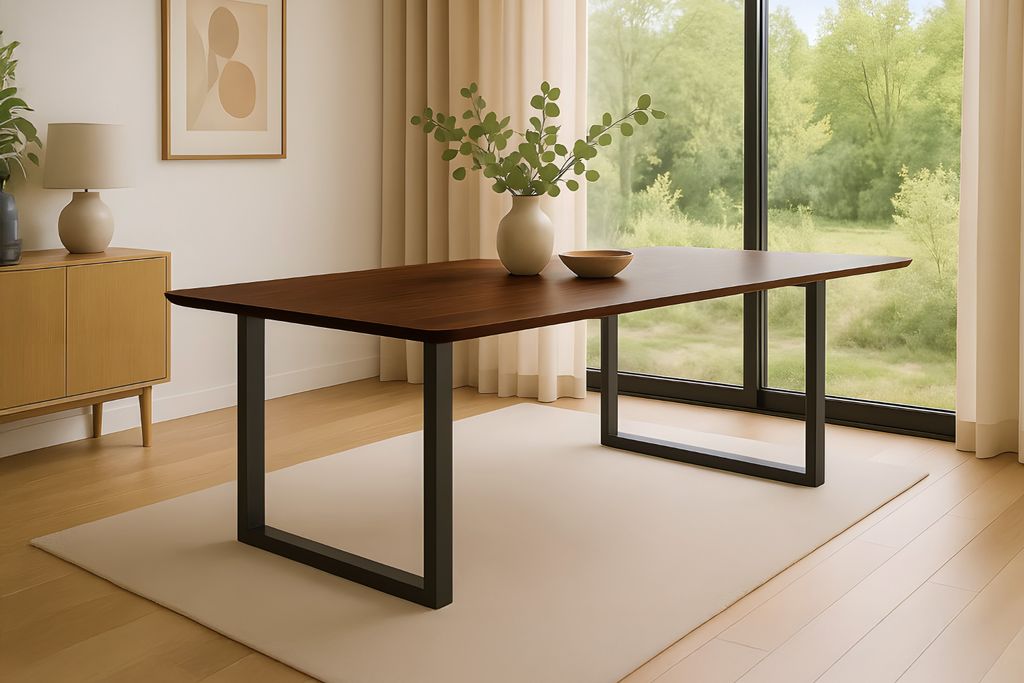 Esstisch 200 x 100 cm Akazie kastanienfarbig Schweizer Kante & abgerundete Ecken U-Gestell schwarz ROBERTO