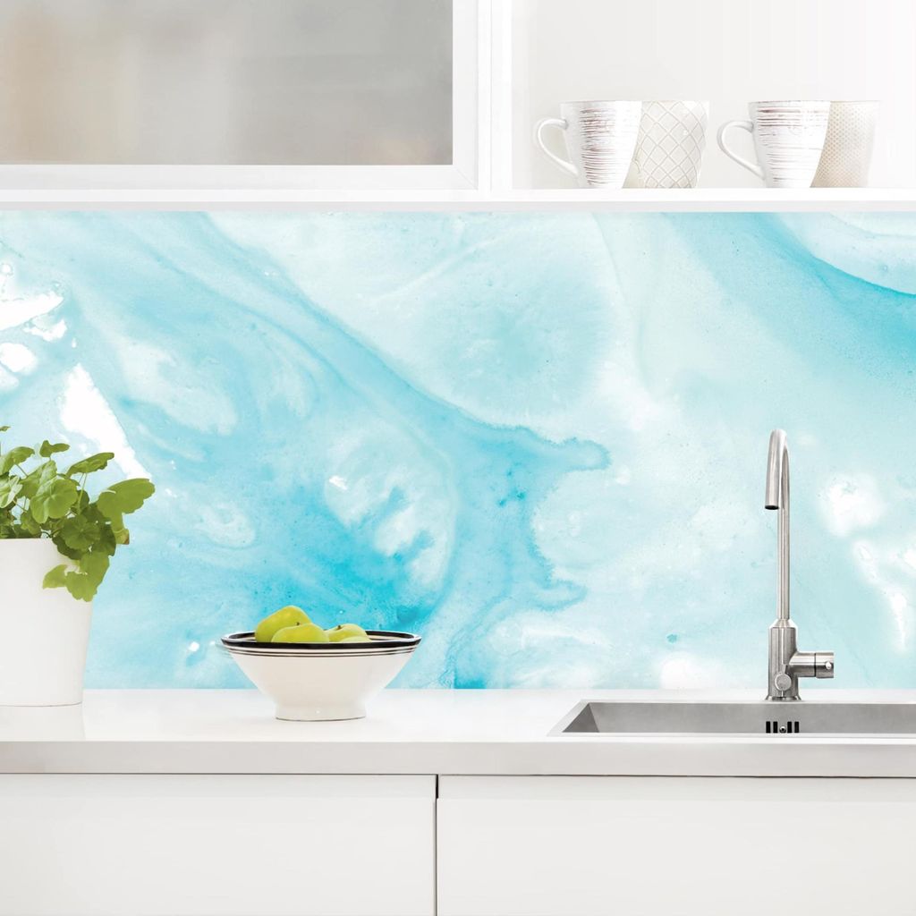 Küchenrückwand originell selbstklebend - 0.35 mm Wandpaneel wasserfest Design blau Aquarell Abstrakt Spritzschutz fugenlos