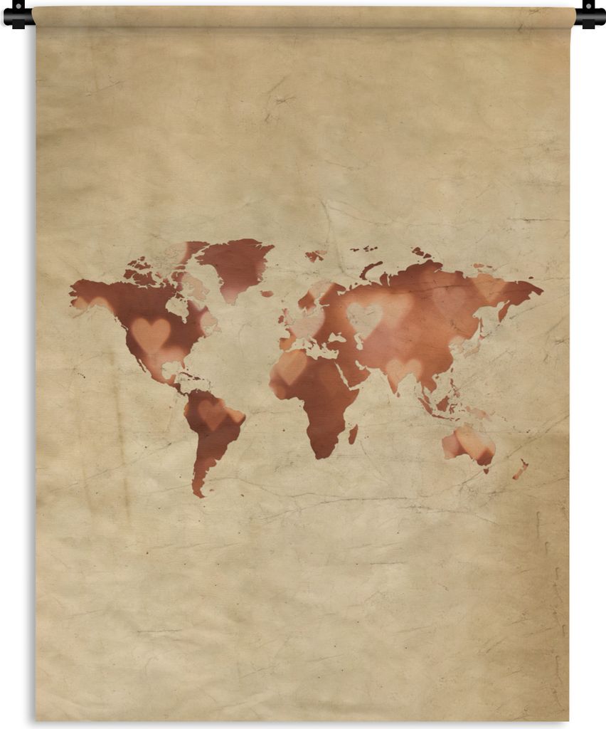 MuchoWow Wandteppich Wandbehang Weltkarte - Herz - Braun 150x200 cm Tapisserie Dekoration Wandtuch - Wandaufhängung - Moderner