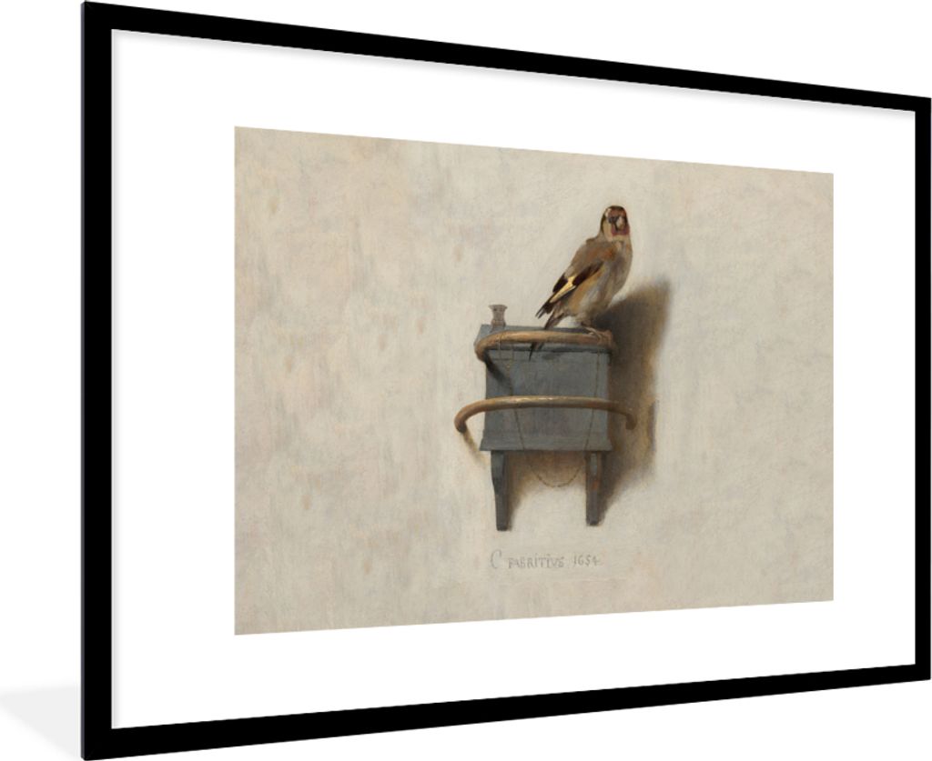 MuchoWow Gerahmtes Poster Der kleine Stieglitz - Gemälde - Fabricius - Alter Meister 90x60 cm - Poster mit Schwarzem Bilderrahmen Wandposter Rah...