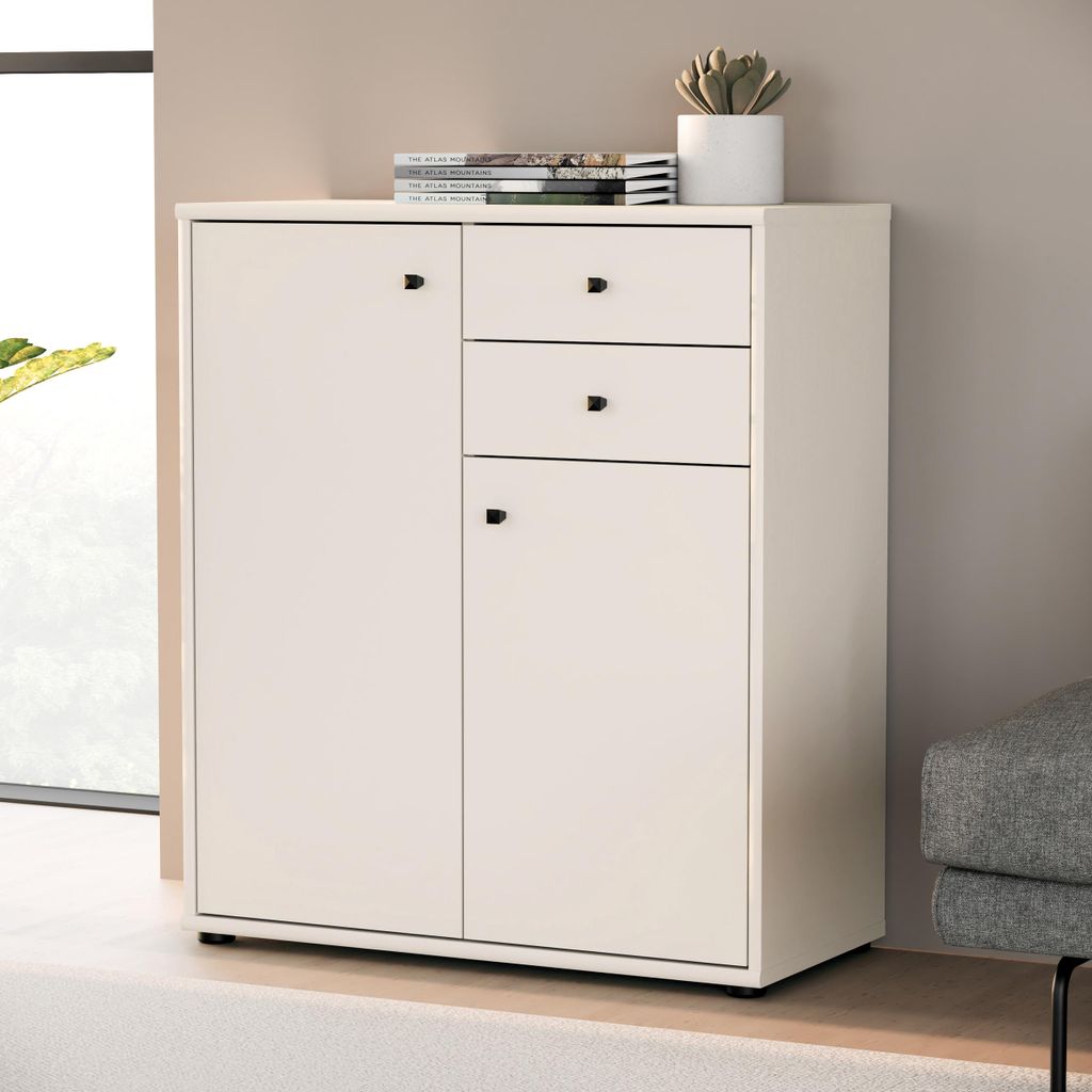 Forte TEMPRA 2 Kommode 70 80, moderne Kommode mit 2 Schubladen, 2-türig, Schlafzimmer, Wohnzimmer, Büro, Holzwerkstoff, Kaschmir|Beige, 73,7 cm b...