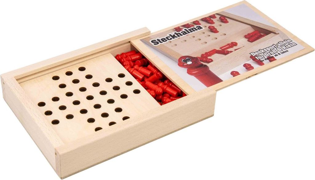 A wooden box containing a board game with red playing pieces.