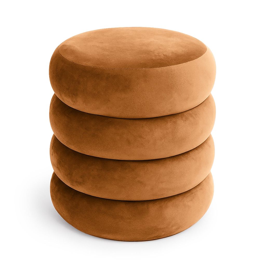 A stack of four round, brown velvet ottomans.