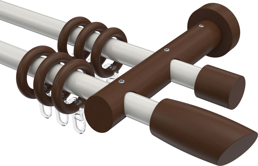 Interdeco Gardinenstange / Vorhangstange Weiß / Nussbaum lackiert, Typ Talena Etta (Ellipse Schräge), 20 mm Ø 2-läufig, 200 cm
