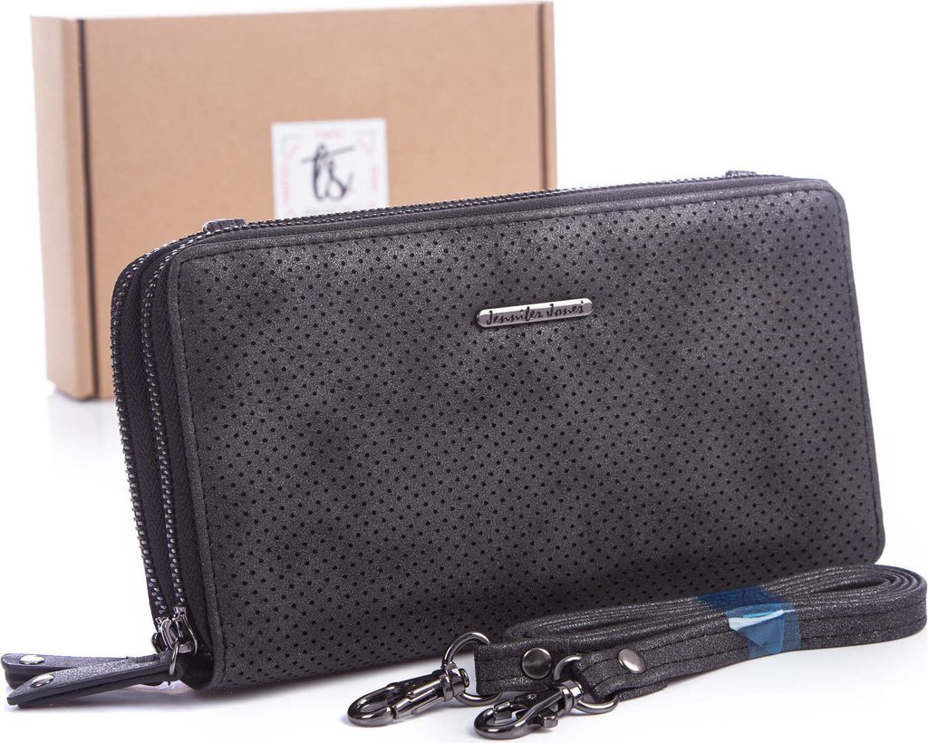 Jennifer Jones Damen-Geldbörse mit Schulterriemen Clutch-Tasche WildKunstleder mit Reißverschluss Kunstleder Schwarz