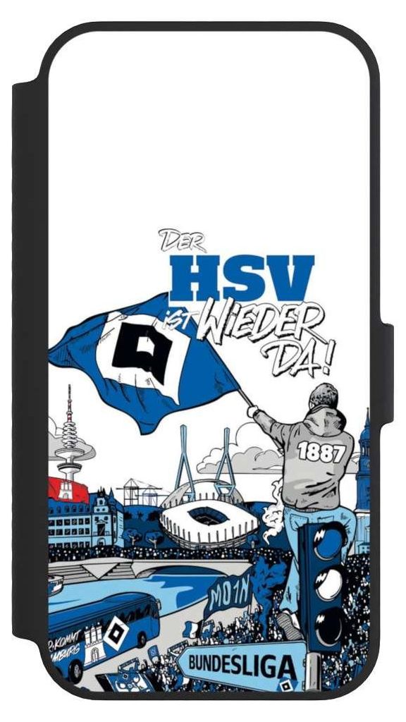 NIVOCASE Klapphülle für Apple iPhone 14 Handyhülle aus Kunst Leder NIVOflip schwarz Aufstieg Hamburger SV Offizielles Lizenzprodukt