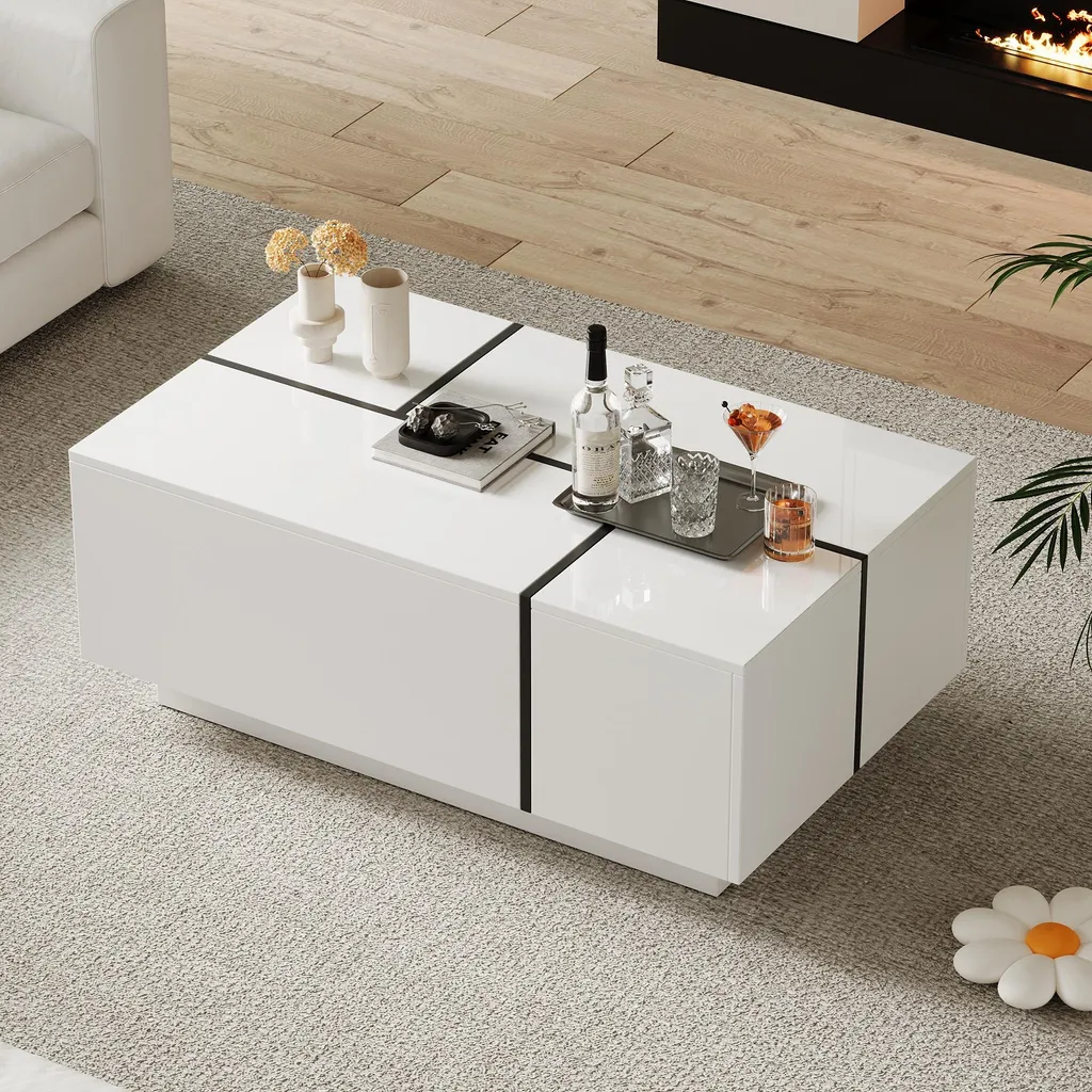 Table basse design patchwork blanc laqué avec 4 tiroirs de rangement chic - 5