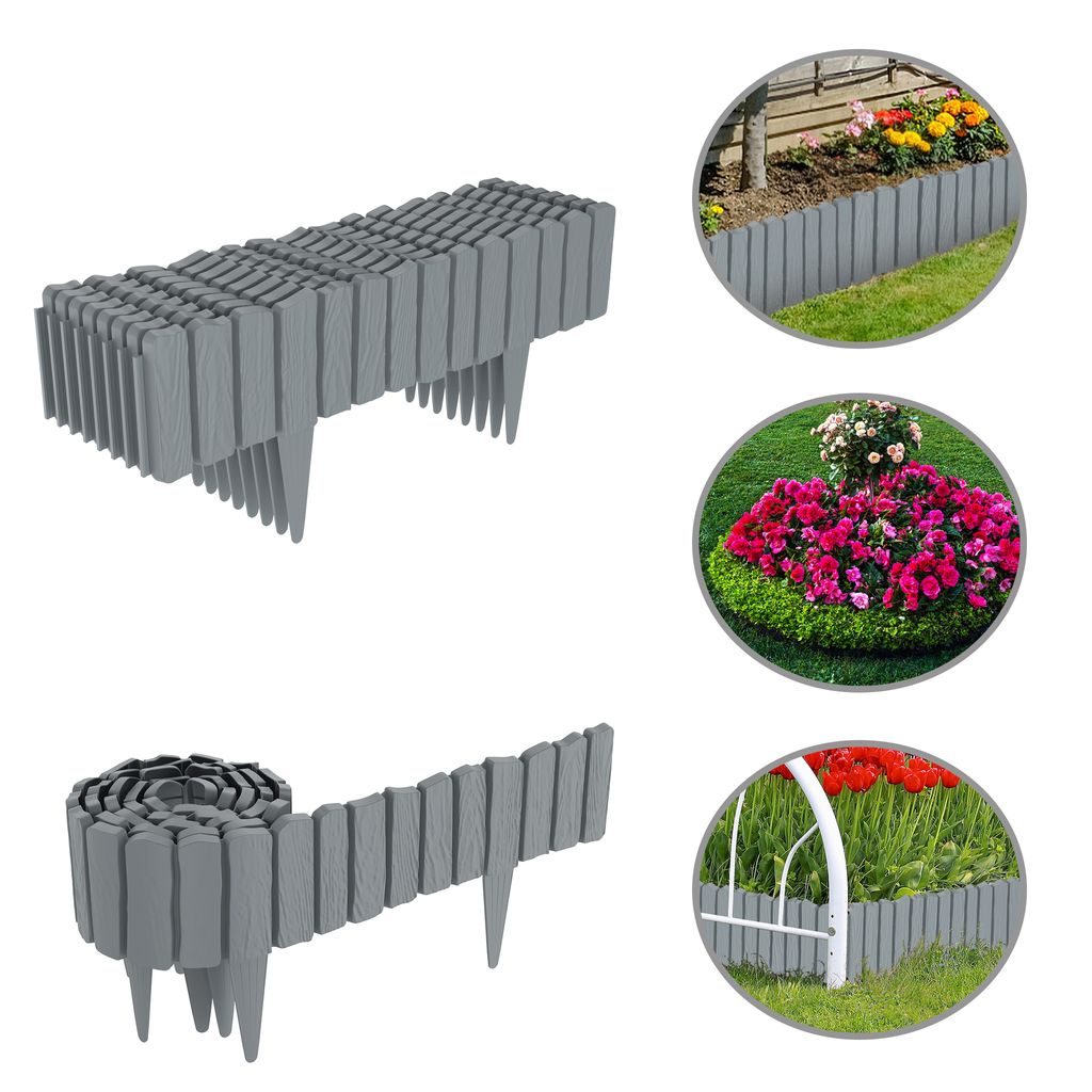 XMTECH 4,6m Gartenpalisade in Holzoptik, Rasenkante und Beetumrandung, dekorativer Beetzaun, Mähkante für den Garten, 8er Set, Grau