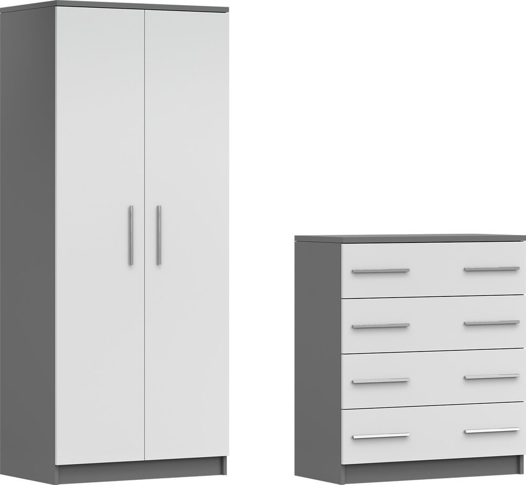 A wardrobe and a chest of drawers are shown side-by-side against a white background.