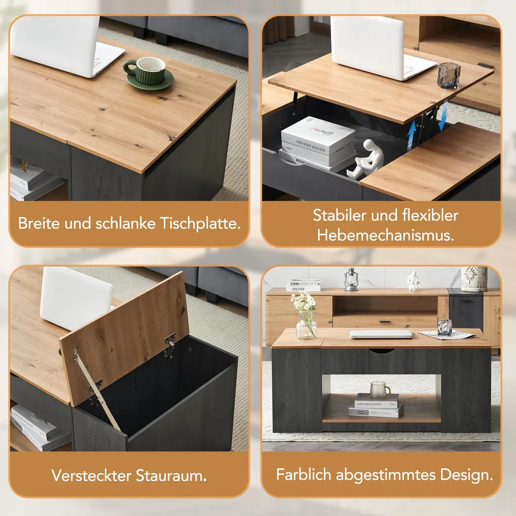 Table basse relevable 110 cm gris et bois marron avec coffre MDF - 9