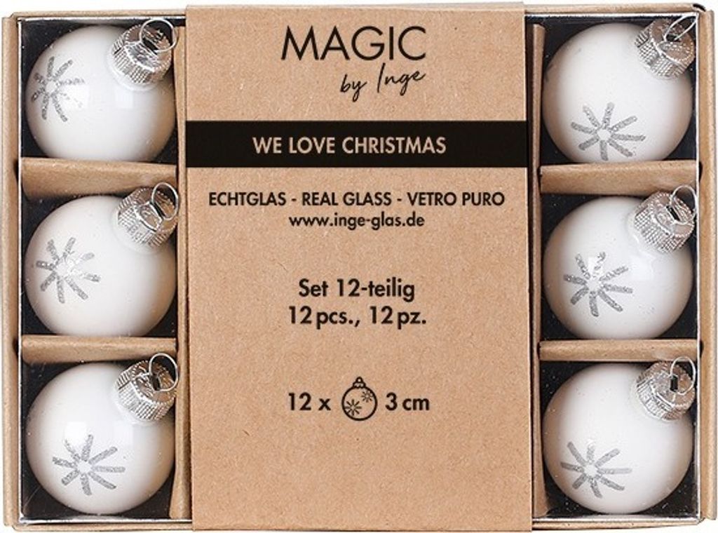 Weihnachtskugeln Glas 3cm Schneeflocken Motiv 12er Set Just White