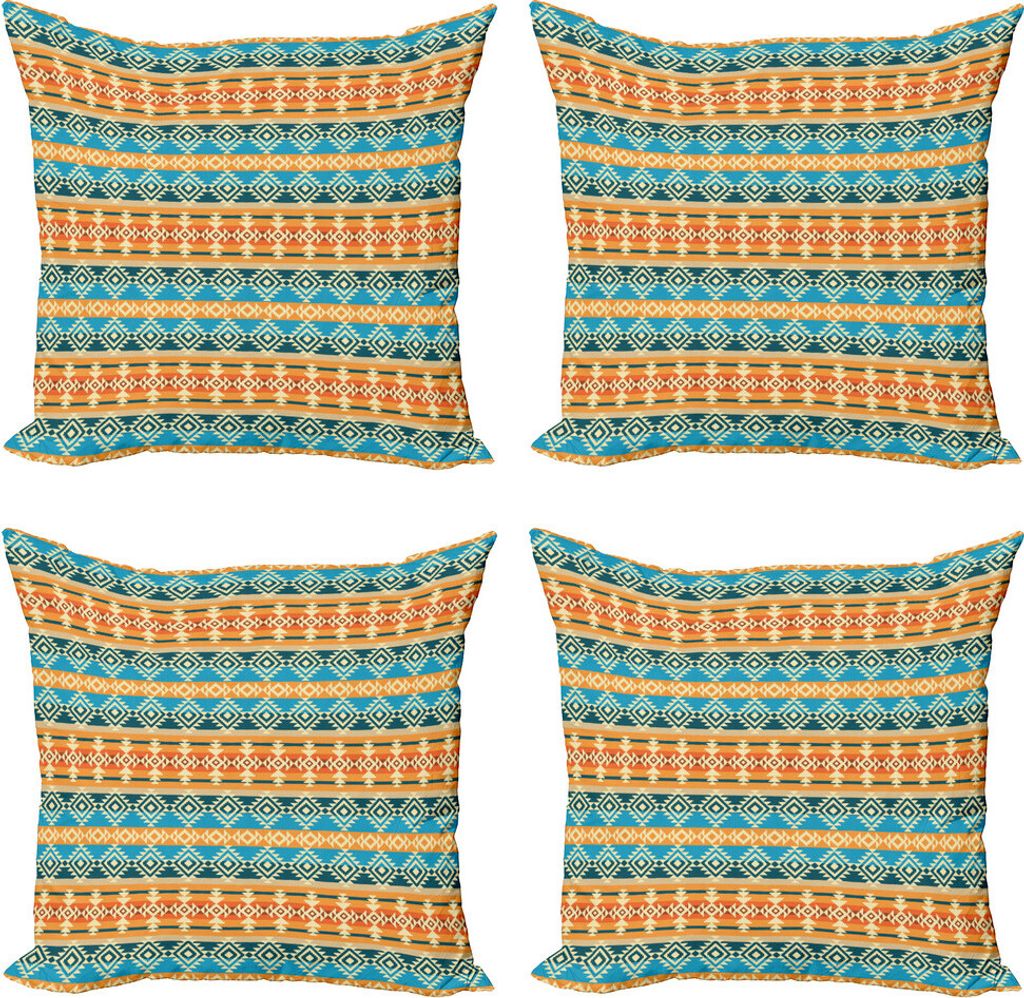ABAKUHAUS südwestlich Kissenbezug Set (4 Stück), Folk Motive Streifen, Moderner Doppelseitiger Digitaldruck, 60 cm x 60 cm, Mehrfarbig