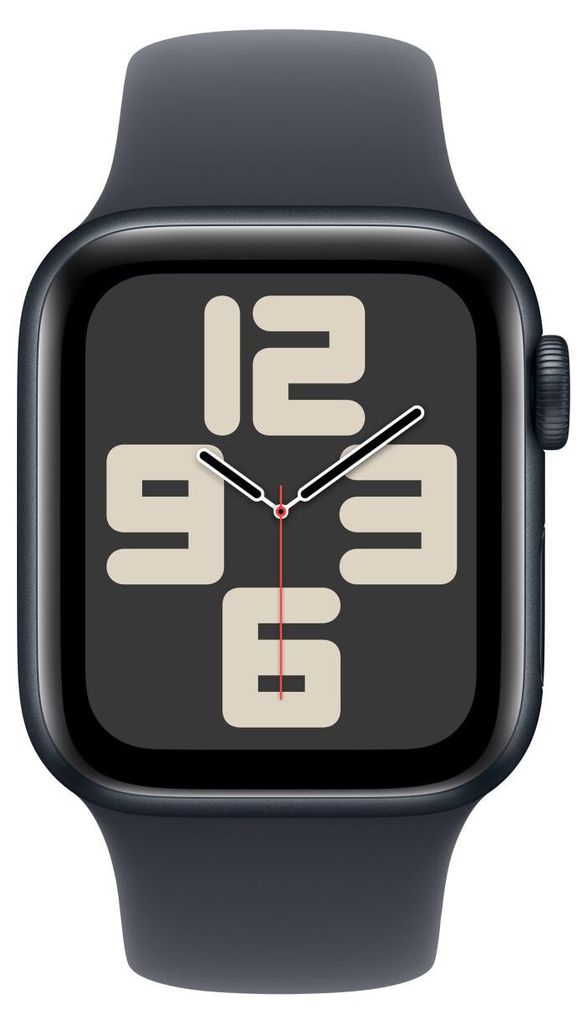A close-up shot of an Apple Watch SE with a dark gray band and a dark gray watch face displaying a clock.