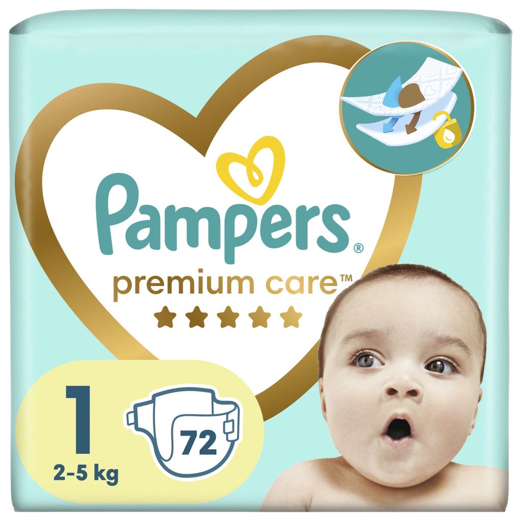 A package of Pampers Premium Care diapers with a baby's face on it.