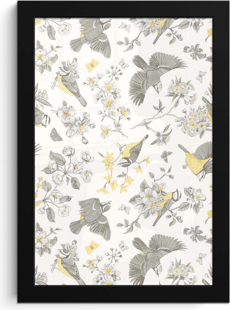 MuchoWow MuchoWow Gerahmtes Poster Blumen - Vogel - Muster 20x30 cm - Poster mit zchwarzem Bilderrahmen - Drucken - Bilder Poster im Rahmen