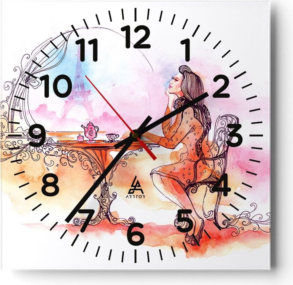 Wanduhr - Quadrat - Glasuhr - weiblich urban Tee Paris - 40x40cm - Schleichendes Uhrwerk - Lautlos - zum Aufhängen bereit - Dekoration Modern - Wa...
