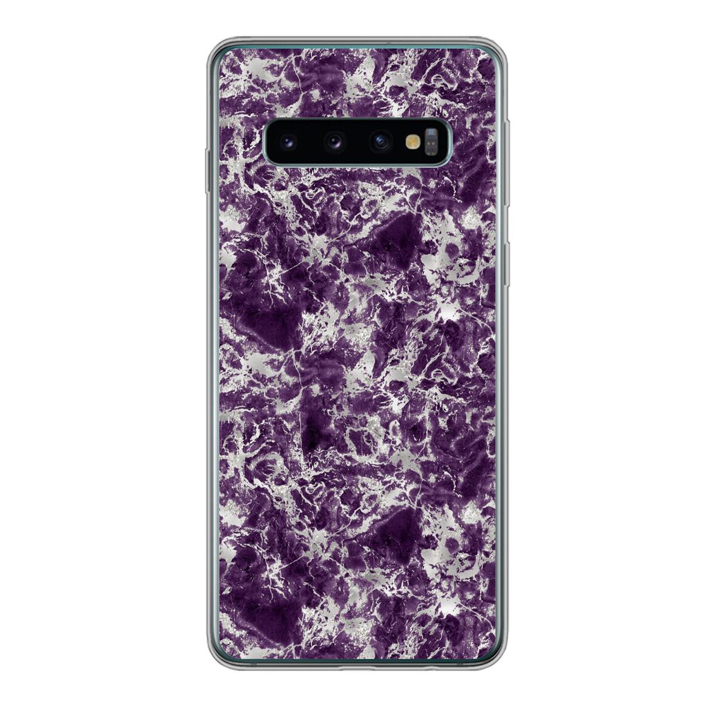 MuchoWow Handyhülle Schutzhülle Hülle für Samsung Galaxy S10 Marmor - Lila - Silber - Muster Silikon Softcase Handy Hülle - Handytasche