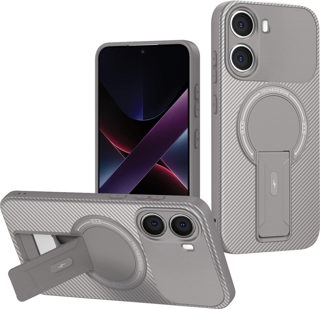 Hülle für Xiaomi Poco X7 Pro Magnetisch Carbonfaser Design TPU Hybrid Handyhülle mit Ständer Grau