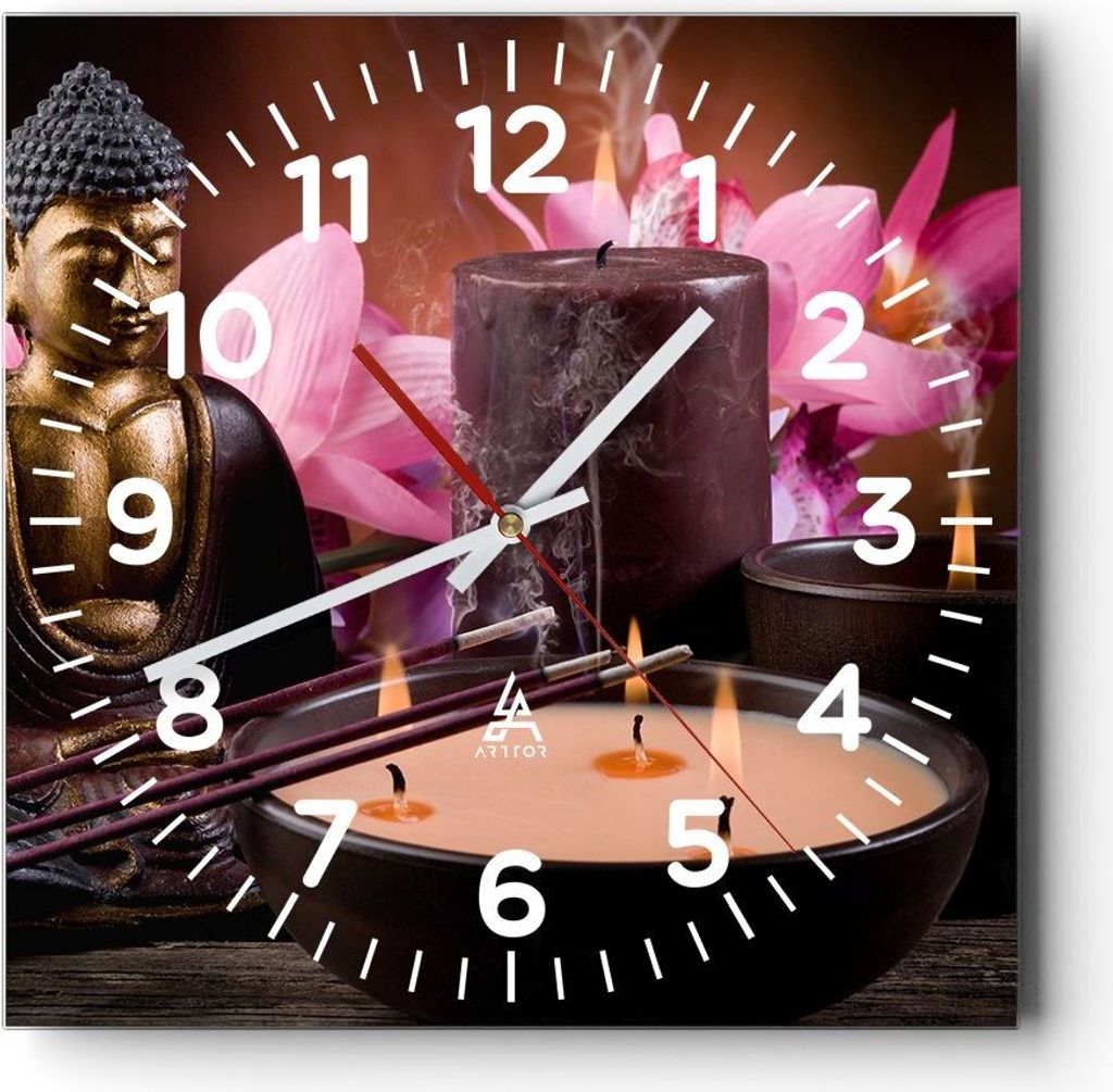 Wanduhr - Quadrat - Glasuhr - Buddha Kerzen Religion - 40x40cm - Schleichendes Uhrwerk - Lautlos - zum Aufhängen bereit - Dekoration Modern - Wand...