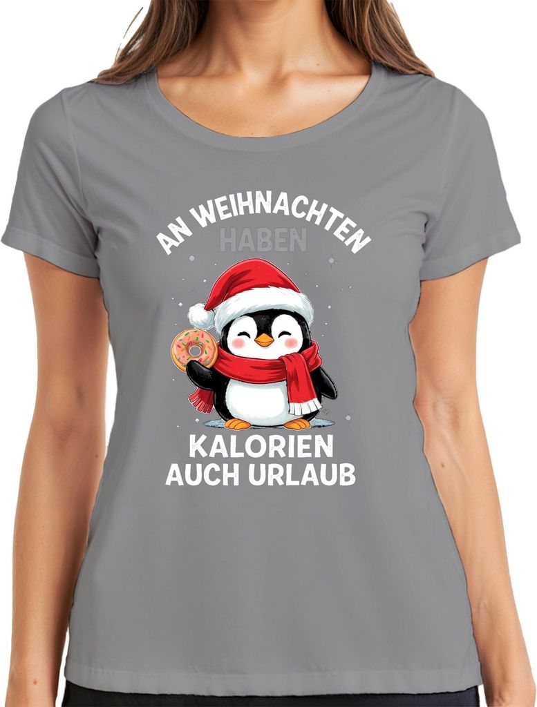 Weihnachten Kalorien Urlaub Pinguin Donut Lustig Geschenk Damen T-Shirt, Grau, XXL