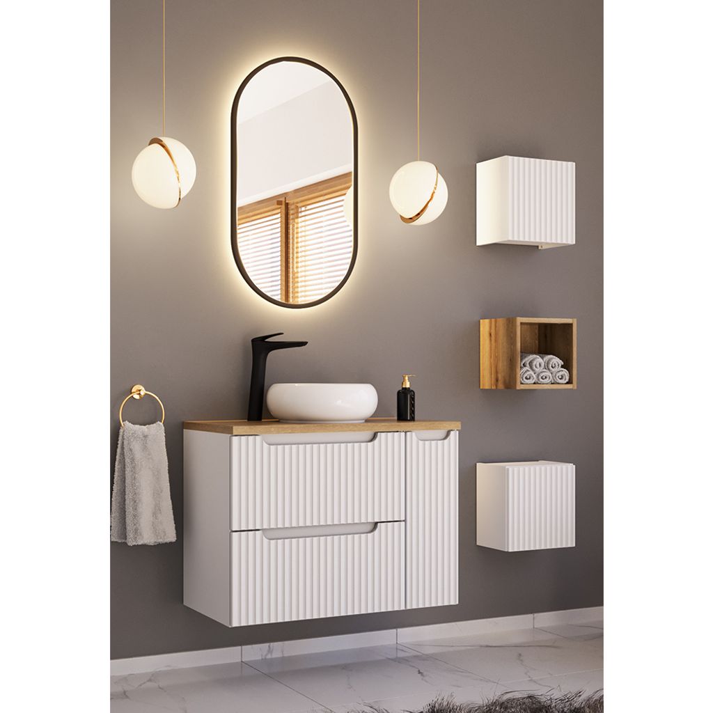 Badmöbel Set 5-teilig mit 80cm Waschtisch, weiß und Eiche, NEWPORT-56-WHITE