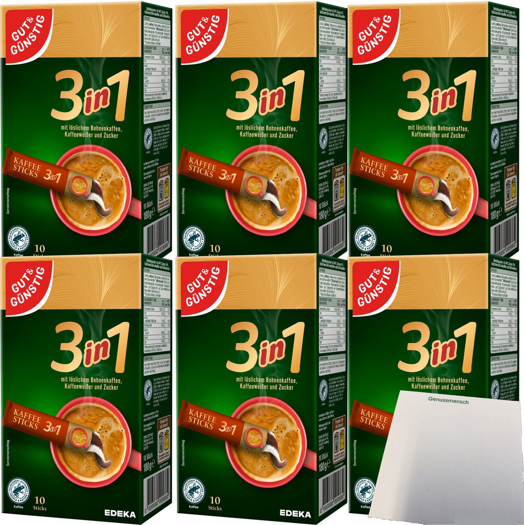 Gut & Günstig Kaffeesticks 3in1 löslicher Bohnenkaffee mit Kaffeeweißer und Zucker 6er Pack (6x180g Packung) + usy Block