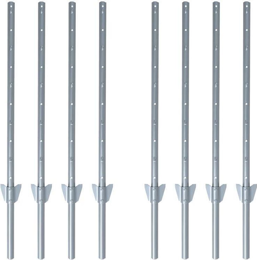 A set of eight grey fence posts arranged in two columns against a white background.