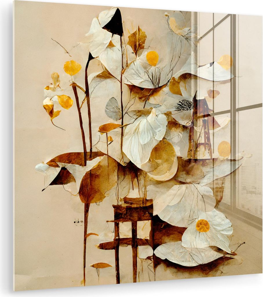 MuchoWow Glasbilder - Bilder auf Wandbild - Foto auf Glas Blumen - Weiß - Pflanzen - Vintage 50x50 cm Wanddekoration aus Glas - Acrylglasbild - Ac...